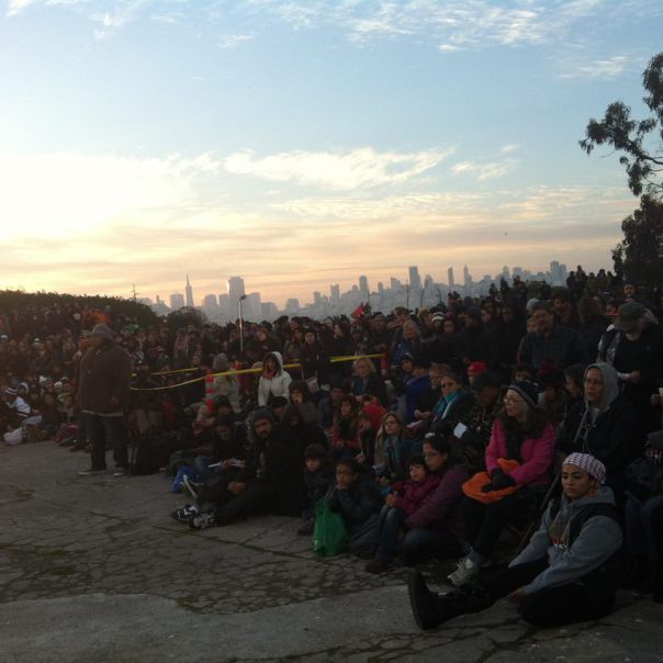 American Indians gather on Alcatraz Island at Indigenous Peoples Sunrise Ceremony on Thursday, November 27, 2014. Native News Online photo by Arthur Jacobs.